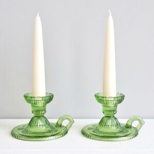 Pier 1 Imports Green Pressed Glass Chambersticks Taper Candlestick Holders Set 2